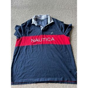 Nautica Navy Blue Polo Shirt 3XL Red Stripe Classic Casual Sport Golf Y2K